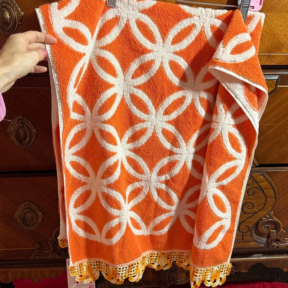 True Vintage crochet hem Orange White Geometric Towel  by MARTEX, cotton, USA